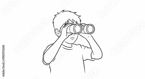 Young boy looking through binoculars, curious expression, simple line art