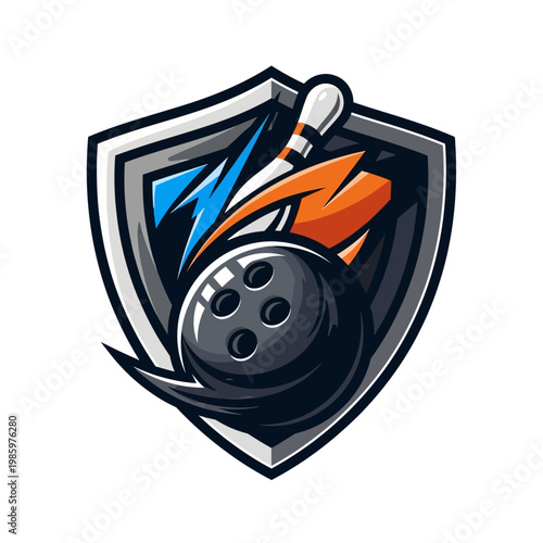 Dynamic Bowling Emblem with Ball and Pin Illustration.
