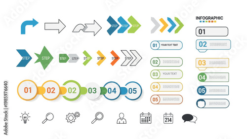 Strategic Visuals: An assortment of colorful and minimalist arrows, indicators, and circular diagrams, designed for infographics and presentations.