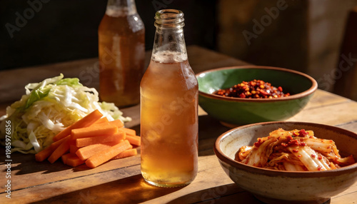 Cold kombucha in glass bottle served with fresh cabbage, carrot and spicy kimchi. Healthy probiotic fermented drink for gut health. Natural superfood diet for biohacking lifestyle.