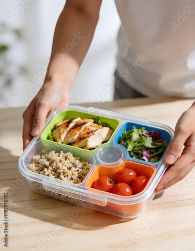 Woman holding lunch box with grilled chicken, quinoa, salad and tomato. Healthy meal prep for work or diet. Balanced food portions for biohacking lifestyle and nutrition concept.