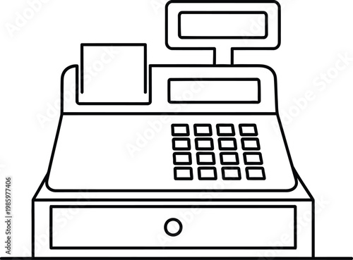 Classic cash register machine with display and receipt for retail store