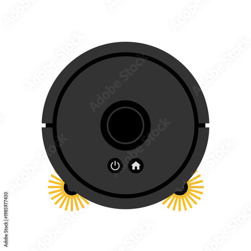 Flat robot vacuum icon, round shape, grid style, minimal buttons, clean design.