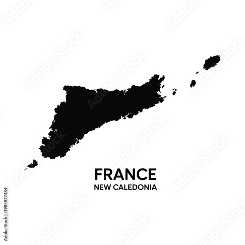 A stark black silhouette of new caledonia with the word france printed below it