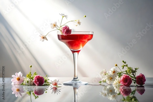 Red Cocktail in Coupe Glass with Pink and White Flowers and Berries drink beverage