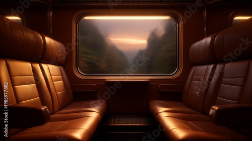 Luxury train compartment with leather seats and scenic window with warm reflections