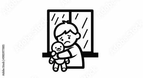 Sad child holding a toy, looking out a rainy window