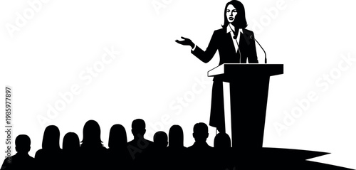 Business Woman Giving Speech at Podium with Audience Silhouette Public Presentation Vector Illustration