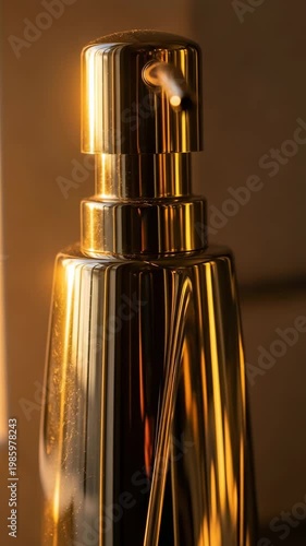 Golden soap dispenser bottle in a luxury bathroom setting