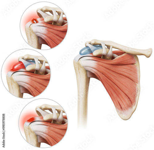 Rotator Cuff Disease . Medical Illustration of Tear, Bursitis, and Tendinopathy.