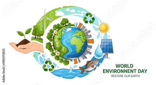 World Environment Day poster with earth and eco friendly icons