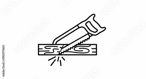 Hand saw cutting through a wooden plank with wood shavings flying