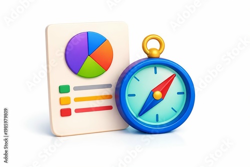Analytical dashboard with compass indicating direction and progress metrics.