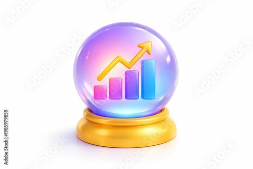 Crystal ball displaying a graph with upward trend and increasing bar chart