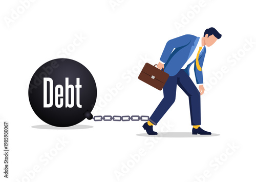 Businessman dragging heavy debt ball chained to his leg symbolizing financial burden in flat vector illustration