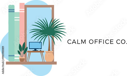 Calm Minimal Office Workspace with Desk, Laptop, Plant and Bookshelf Vector Illustration