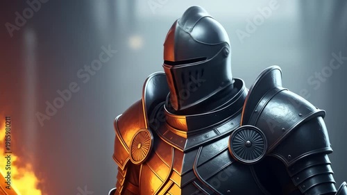 Mystical knight with fire sword, Medieval fighter in dark armor, battle ready knight imagery