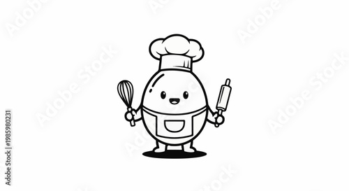 Cheerful egg character with chef's hat and baking tools