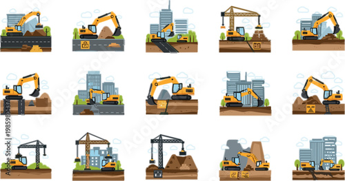 Construction machinery and excavation equipment vector set with excavators, cranes and heavy machines on building sites illustration collection