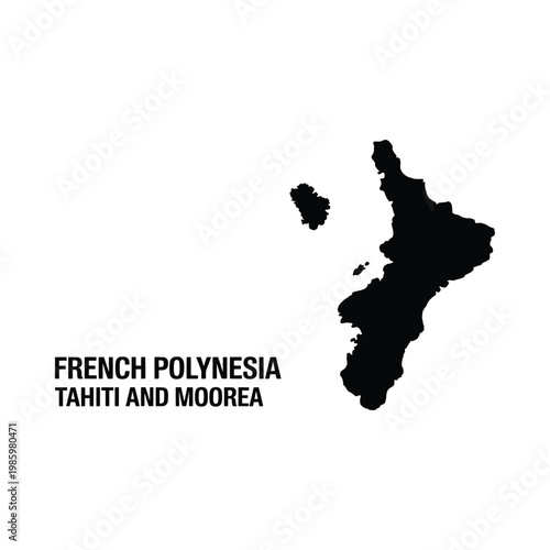 A stark black silhouette depicts the islands of french polynesia tahiti and moorea on a white canvas