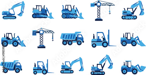 Construction vehicles and heavy equipment vector set with excavators, cranes, loaders and dump trucks, industrial machinery illustration collection
