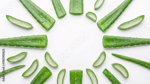 Top view of fresh green aloe vera leaves and slices arranged in a circle on a white background with central copy space. Concept of natural skincare, beauty treatment and organic wellness