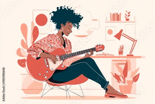 Portrait of a smiling afro-american woman in her 20s playing the guitar while standing against stylized simple home office background