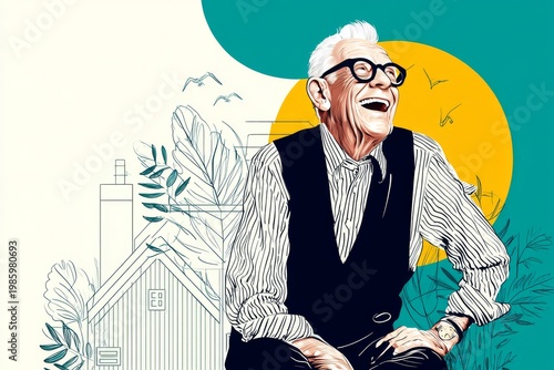 Portrait of a blissful elderly man in his 90s laughing over stylized simple home office background