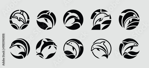 Dolphin Circle Logo Set, Minimalist Marine Life Badges in Negative Space Style, Abstract Dolphin Icon Collection, Round Aquatic Animal Silhouettes for Branding