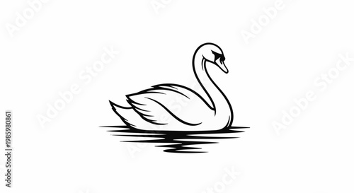 Stylized black and white illustration of a swan floating on water