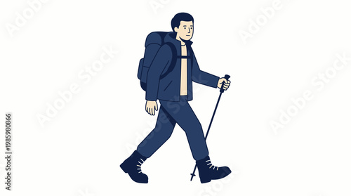 Man hiking with backpack and trekking poles vector illustration