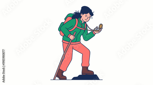 Lost Female Hiker Checking Compass Direction Vector Illustration