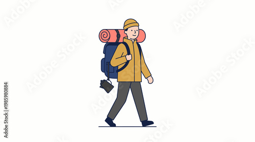 Hiker walking with large backpack and camping gear