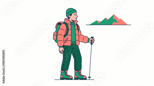 Male Hiker with Backpack and Trekking Pole Vector Illustration