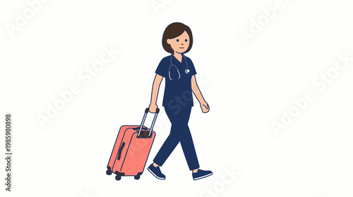 Female travel nurse walking with suitcase and stethoscope