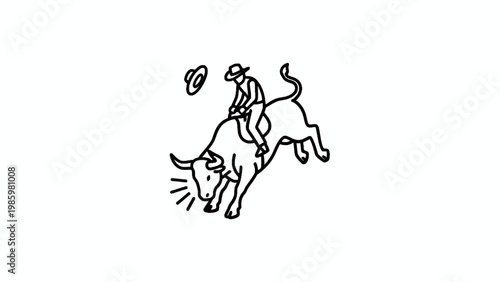 Bull rider cowboy on bucking bull rodeo line art illustration