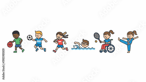 Diverse children playing various sports icons on white background