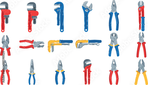 Hand tools vector set with pliers, wrenches and pipe cutters, professional repair equipment and maintenance illustration collection