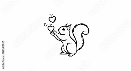 Whimsical squirrel holds heart-shaped apples in its paws, illustration