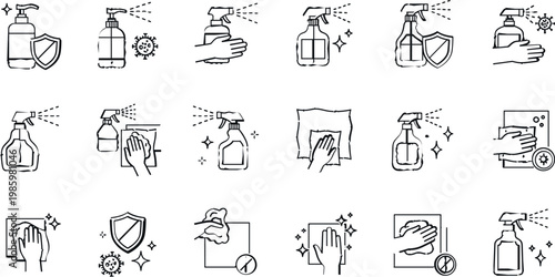 Hygiene and disinfecting line icons set with hand cleaning, sanitizer spray, surface wiping and protection symbols vector illustration