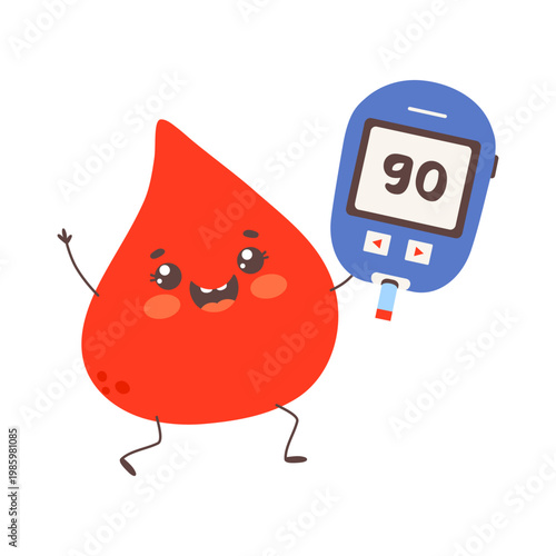Cute Blood Drop Character with Glucose Meter Showing Normal Sugar Level. Cartoon Vector Illustration.