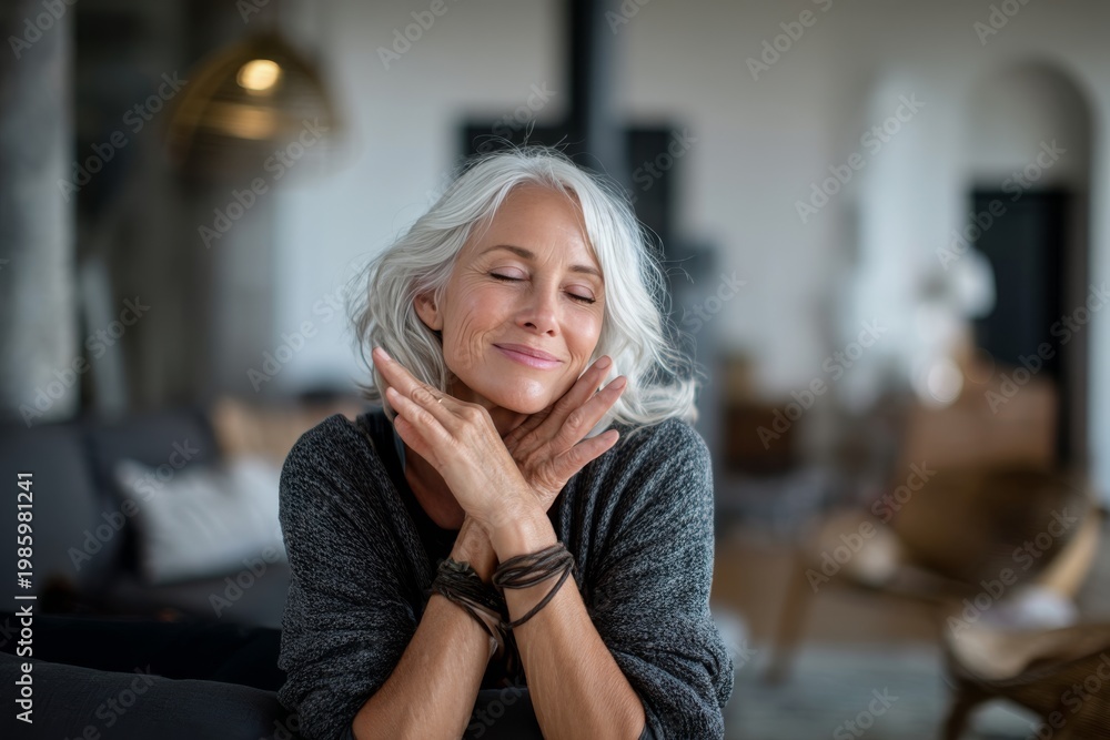 Fototapeta premium Portrait of a satisfied caucasian woman in her 60s joining palms in a gesture of gratitude isolated in crisp minimalistic living room