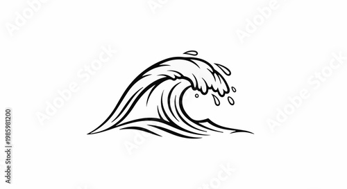 A stylized black ink drawing depicts a crashing wave with splashing droplets