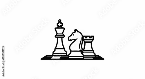 A stylized black and white graphic depicts a chess set