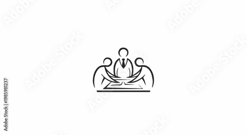 Stylized figures in business attire gather around a table