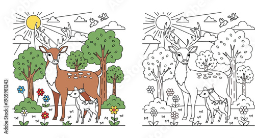 Deer and Fawn in Forest Coloring Book Page for Kids, Nature and Wildlife Educational Activity Illustration with Stag