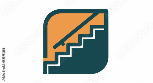 Stylized graphic of orange steps and a railing against a dark teal background
