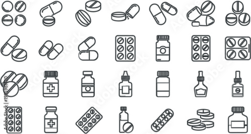 Medicine and pharmaceutical line icons set with pills, capsules, tablets, bottles and healthcare drug symbols vector illustration