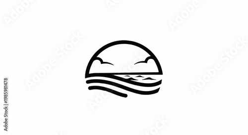 Stylized sun setting over ocean waves, enclosed in a half-circle