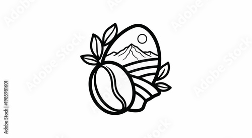 A coffee bean with leaves frames a mountain landscape under sun